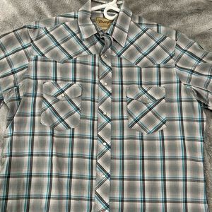 Size large gray blue men’s short sleeve wrangler snap button button down shirt